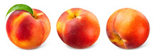 Peach Isolated. Peaches With Leaf. Peach Set On White Background. Peaches With Clipping Path.