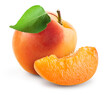 Apricots. Apricot isolate. Apricots with leaf and slice on white. Apricots leaf. With clipping path. Full depth of field.