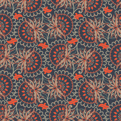  Seamless pattern with ethnic flowers. Vector Floral Illustration in asian textile style