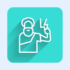 Sticker - White line Zeus icon isolated with long shadow. Greek god. God of Lightning. Green square button. Vector.