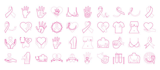 Canvas Print - breast cancer awareness month, ribbon chest female bra heart healthcare stock set flat icons