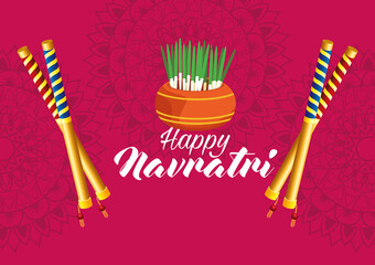 Wall Mural - happy navratri celebration card with sticks and house plant