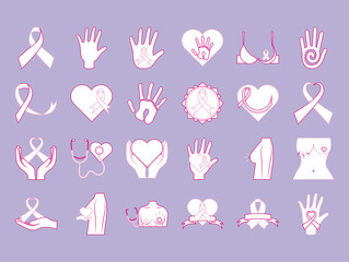 Sticker - breast cancer awareness month ribbon hand support heart love, flat icons style