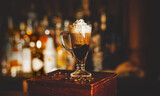 background, bar, beverage, blur, bokeh, coffee, desk, drink, glass, hot, hot drinks, ireland, irish coffee, light, liquid, pub, table, wood