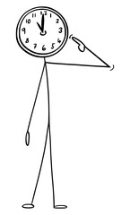 Poster - Vector cartoon stick figure drawing conceptual illustration of man with clock or watch as head. Concept of time management and working under deadline.