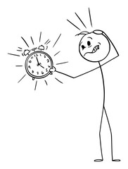 Poster - Vector cartoon stick figure drawing conceptual illustration of unhappy frustrated man or businessman holding ringing alarm clock. Concept of wake up, deadline or time management.