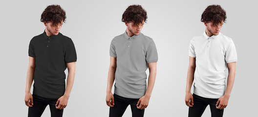 Wall Mural - Mockup of a white, gray, black polo t-shirt on a guy in black jeans, with his head down, for presentation of design and pattern, front view.