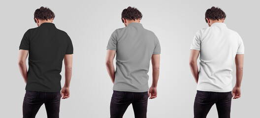 Wall Mural - Men's t-shirt mockup on a man, back view, blank white, gray, black polo, for design and pattern presentation.