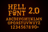 Fototapeta Kosmos - Hell Font 2.0 set. Fire flames on black isolated background, realistick fire effect with sparks. Part of alphabet set