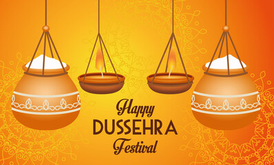 Wall Mural - happy dussehra festival poster with ceramic pots hanging