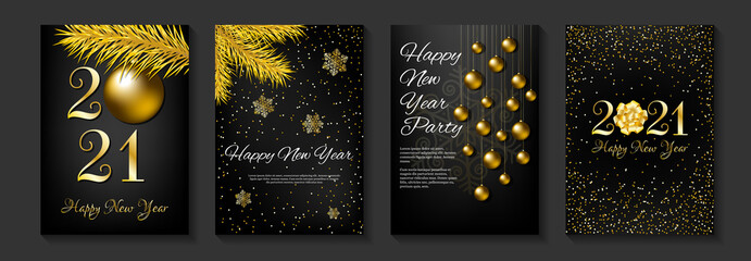 Set of banners for Happy New Year 2021. Gold and black colors. Fir branches, christmas balls, snowflakes and 2021 numbers. A4 vector illustration for invitation, greeting card, cover.