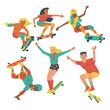 © chickfishdoodles - Teenagers skateboarding set. Collection of colorful illustrations of male and female diverse skaters. Isolated on white background.