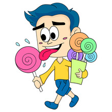 A Man Is Walking With A Bag Of Candy Lollipops