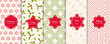 Christmas seamless patterns. Vector set of winter holiday background swatches with modern labels, stickers. Abstract textures with snowflakes, pine trees, mistletoe, nordic ornaments. Repeat design