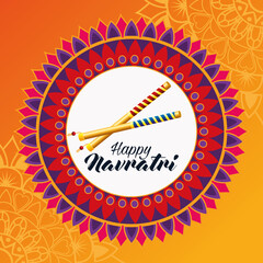 Wall Mural - happy navratri celebration card with sticks and mandala