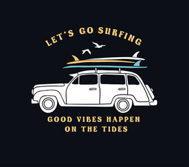 Wall Mural - surfing car illustration. vector surfing badge. for t-shirt prints, posters, and other uses.