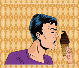 Wall Mural - man profile eating ice in cone cream pop art style character