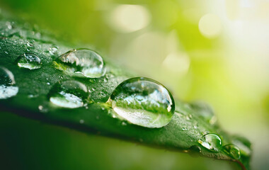 Aufkleber - Beautiful water drops sparkle in sun on leaf in sunlight, macro. Big droplet of morning dew outdoor, beautiful round bokeh. Amazing artistic image of purity of nature.