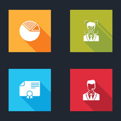 Sticker - Set Pie chart infographic, Face recognition, Certificate template and Man with headset icon. Vector.