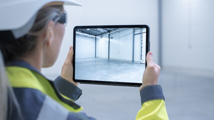 Poster - Industry 4.0 Modern Factory: Female Engineer Uses Digital Tablet Computer with Augmented Reality Software Visualizing of Manufacturing Plant Room Mapping, Factory Layout. Concept Shot Suitable for AR.