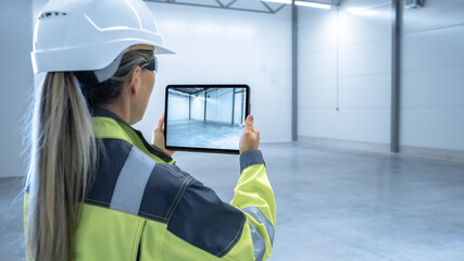 Poster - Industry 4.0 Modern Factory: Female Engineer Uses Digital Tablet Computer with Augmented Reality Software Visualizing of Manufacturing Plant Room Mapping, Factory Layout. Concept Shot Suitable for AR.