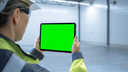 Poster - Industry 4.0 Modern Factory: Female Engineer Uses Digital Tablet Computer with Green Screen Mock-up Template Suitable for Visualizing Augmented Reality Software of Mapping Manufacturing Plant Room.