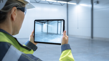 Poster - Industry 4.0 Modern Factory: Female Engineer Uses Digital Tablet Computer with Augmented Reality Software Visualizing of Manufacturing Plant Room Mapping, Factory Layout. Concept Shot Suitable for AR.