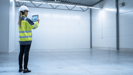 Poster - Industry 4.0 Modern Factory: Female Engineer is Stanging in Empty Warehouse and Using Digital Tablet Computer with Augmented Reality Software for Mapping Manufacturing Plant Room, Factory Layout.