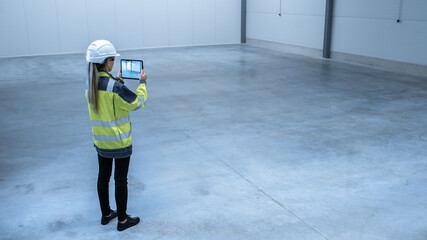 Poster - Industry 4.0 Modern Factory: Female Engineer is Stanging in Empty Warehouse and Using Digital Tablet Computer with Augmented Reality Software for Mapping Manufacturing Plant Room, Factory Layout.