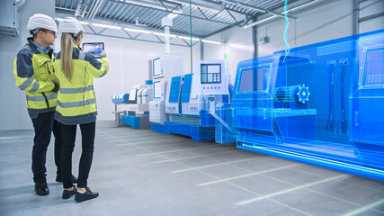 Wall Mural - Two Engineers Use Digital Tablet Computer with Augmented Reality Software to Create 3D CNC Machinery, Equipment Visualization in Factory. Industry 4.0 Facility. Augmented Reality Graphics VFX Effects