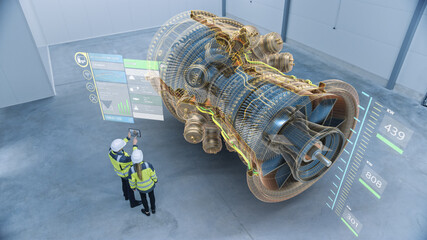 Wall Mural - Industry 4.0 Two Engineers Standing and Talking in Factory Workshop with Augmented Reality 3D Model Concept of Giant Turbine Engine. Graphics Visualization. High Angle Shot. VFX Special Visual Effects
