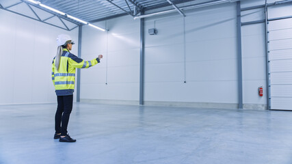 Poster - Industry 4.0 Modern Factory: Female Engineer Wearing Augmented Reality Headset Uses Mixed Reality Software and Gestures for Mapping Manufacturing Plant Floor for Future Machinery, Factory Floor Layout
