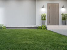 New House With Wooden Door Entrance And Empty White Concrete Wall. 3d Rendering Of Green Grass Lawn In Modern Home.