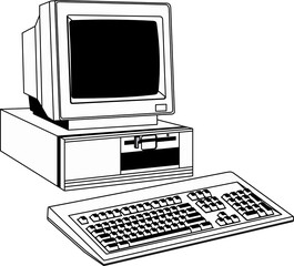 old computer, retro, a 3d, crt, lcd monitor and keyboard drawn with charcoal isolated on white, an o