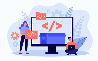 Wall Mural - tiny programmers programming website for internet platform flat vector illustration. cartoon develop
