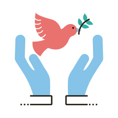 Poster - hands protecting peace dove with olive branch flying line and fill style icon