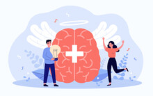 Happy People With Positive Vision And Philosophy Of Life Isolated Flat Vector Illustration. Abstract Thought And Mind Power To Health Improvement. Brain And Dream Control Strategy Concept