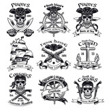 Fototapeta Młodzieżowe - Caribbean pirates flat badges set. Vintage monochrome emblems with captain skull, wheel, gun and anchor isolated vector illustration collection. Marine design and typography concept
