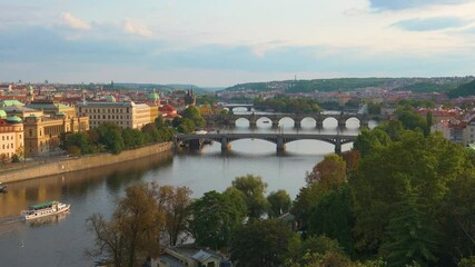 Fototapete - Pan left of historic bridges on the Vltava River in Prague