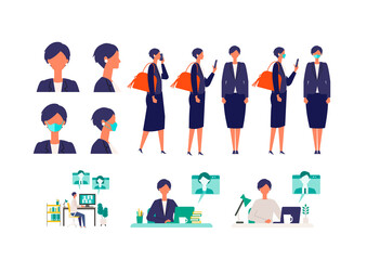 Wall Mural - Set of masked businesswoman in different poses. Concept for teleworking.