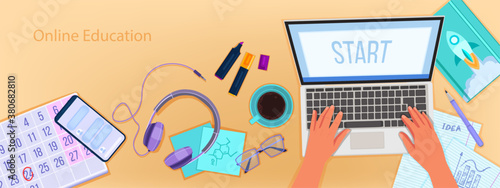 Fotomural Online education vector banner with home office workplace top view, laptop, typing hands