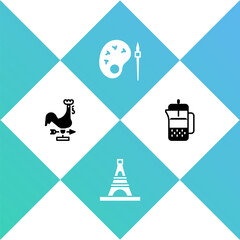 Sticker - Set Rooster weather vane, Eiffel tower, Paint brush with palette and French press icon. Vector.