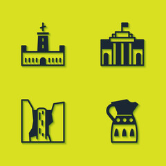 Poster - Set Montjuic castle, Sangria pitcher, Algar waterfall and Prado museum icon. Vector.