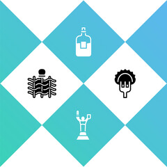 Sticker - Set Wicker fence, Mother Motherland monument, Bottle of vodka and Dumplings fork icon. Vector.