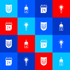 Wall Mural - Set Ukrainian trident, Church tower, Independence day of Ukraine and Mace icon. Vector.