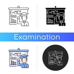 Sticker - Achievement test icon. Theoretical physics. Progress. Developed skill and knowledge. Proficiency examination. Linear black and RGB color styles. Isolated vector illustrations