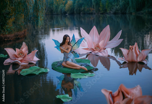 Fotomural A beautiful woman a little fabulous fairy with butterfly wings sits on green water lily leaf