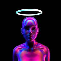 Aufkleber - Human or robot with halo above the head. 3D render illustration, concept of Artificial intelligence and Futuristic technologies.