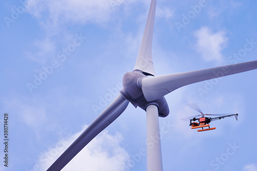 Drone or mini helicopter camera inspection of a wind turbine