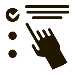 Poster - Hand Touch Check List Approved Mark glyph icon . Approved Sign On Document File, Protection Shield And Opened Carton Box Pictogram. Monochrome Illustration